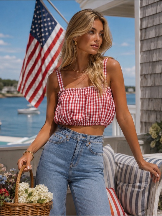 STAUD Tops - Staud Red White Gingham Crop Top | Cottagecore Hamptons Summer Picnic Top L
